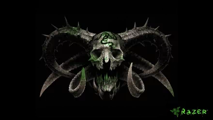 A striking HD wallpaper featuring a skull with spiked horns and green accents, embodying a fierce blend of technology and gaming aesthetics, prominently showcasing the Razer logo.