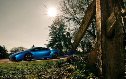 Blue Lamborghini Gallardo on a sunlit country road beside a wooden fence, HD PC desktop wallpaper background.