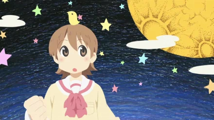 HD anime desktop wallpaper featuring Yuuko Aioi from Nichijō with a starry night sky, moon, and a small bird on her head.