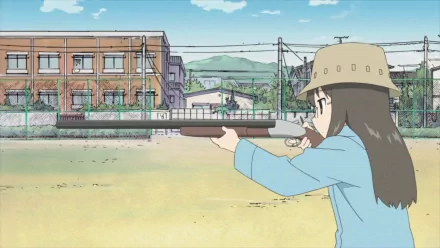 HD PC desktop wallpaper featuring Mai Minakami from the anime Nichijō aiming a rifle outdoors against a school building and clear sky backdrop.