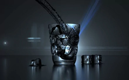A visually striking HD wallpaper featuring a glass filled with ice cubes, with dark liquid pouring in, set against a sleek, minimalist background that enhances its artistic appeal.