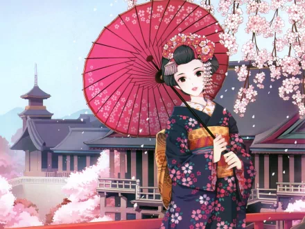 A serene anime girl in traditional attire holds a pink parasol, surrounded by blooming cherry blossoms and a picturesque backdrop, creating a vibrant HD desktop wallpaper.