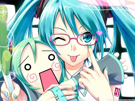 A vibrant HD wallpaper featuring Hatsune Miku, an iconic Vocaloid character, playfully posing with a cute animated figure in a colorful, energetic background.