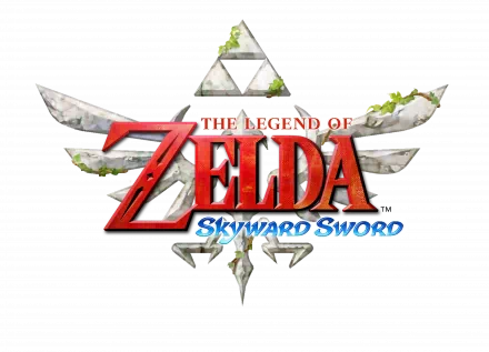 The Legend of Zelda: Skyward Sword red logo atop floating crystal shards and winged motifs — 4K Ultra HD PC desktop wallpaper/background.