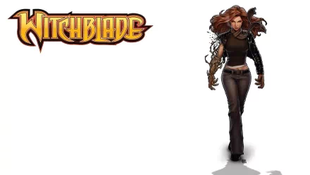HD PC desktop wallpaper featuring a dynamic comic-style illustration of Witchblade with the bold logo on a clean white background.