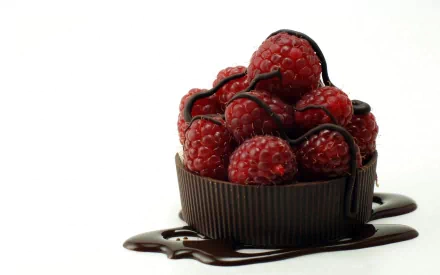 Close-up of fresh raspberries arranged in a chocolate cup with melted chocolate drizzle, captured as a vibrant HD PC desktop wallpaper and background.