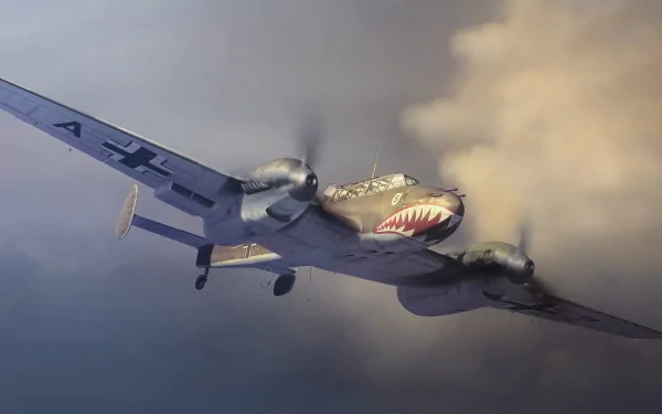 A Messerschmitt Bf 110 soars through dramatic clouds, showcasing its military design. This HD wallpaper captures the powerful presence of this iconic aircraft.