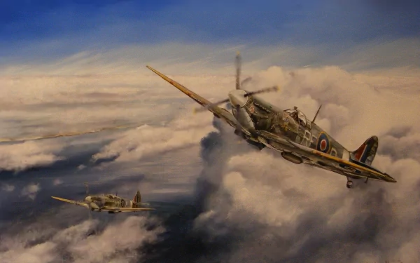 HD PC desktop wallpaper background showing two military Supermarine Spitfires soaring in formation above a dramatic cloudscape.