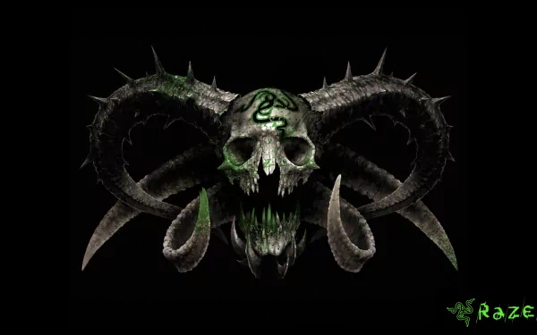 A striking HD wallpaper featuring a skull with spiked horns and green accents, embodying a fierce blend of technology and gaming aesthetics, prominently showcasing the Razer logo.