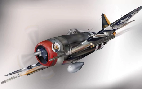 HD desktop wallpaper featuring a dynamic view of a military Republic P-47 Thunderbolt fighter plane in flight against a light background.