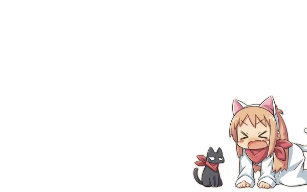 HD PC desktop wallpaper of Nichijō anime: Hakase in a cat-eared headband laughing beside the black cat Sakamoto at the bottom-right.