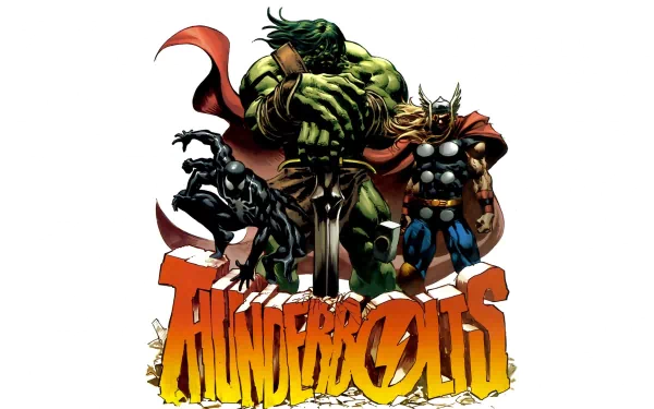 HD PC desktop wallpaper: comic-style Thor and Hulk stand heroically above the bold Thunderbolts logo.