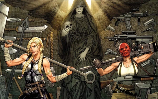 Valkyrie and Red Skull from Marvel Comics confront a mysterious figure against a backdrop of weapons, capturing the essence of Fear Itself: The Fearless in stunning detail.