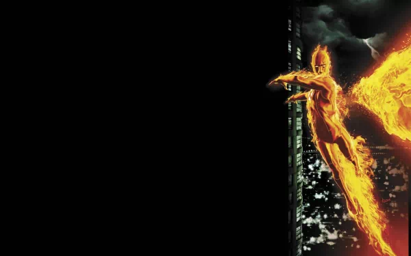 Human Torch (Marvel) blazing past a city skyscraper, fiery wings and trailing flames against black space — HD PC desktop wallpaper, Ultimate Comics X‑Men
