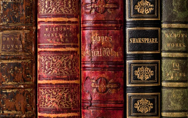 HD desktop wallpaper featuring detailed, ornate spines of vintage books arranged side by side, showcasing intricate designs and rich textures.