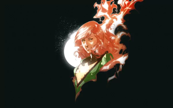 HD PC desktop wallpaper of Jean Grey as Phoenix (Marvel Comics), comic-style portrait with fiery hair and X-Men green costume against a dark, minimalist background.