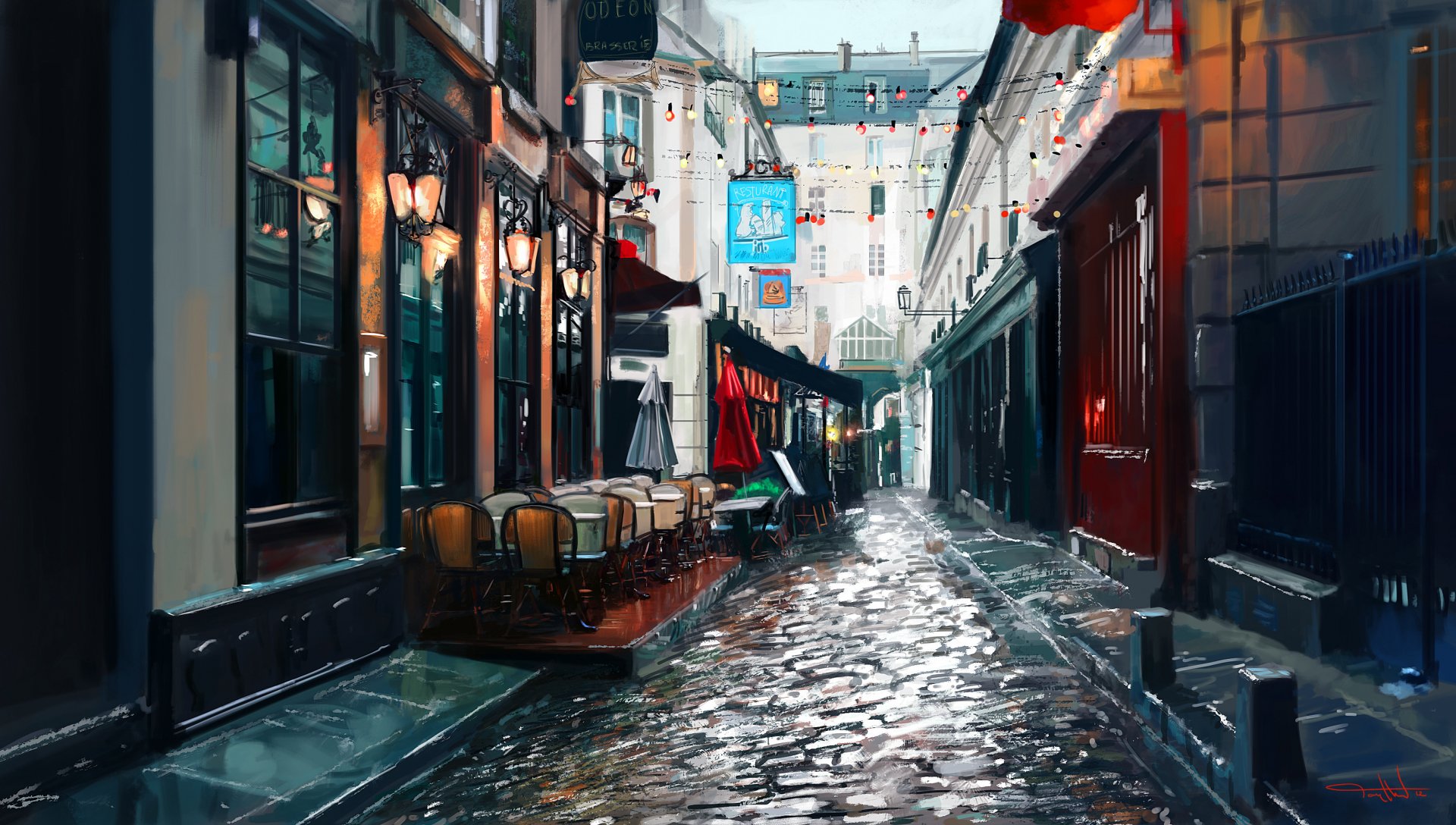 A vibrant artistic painting of a cobblestone street lined with charming cafés and warm lights, creating an inviting atmosphere for a captivating HD desktop wallpaper.