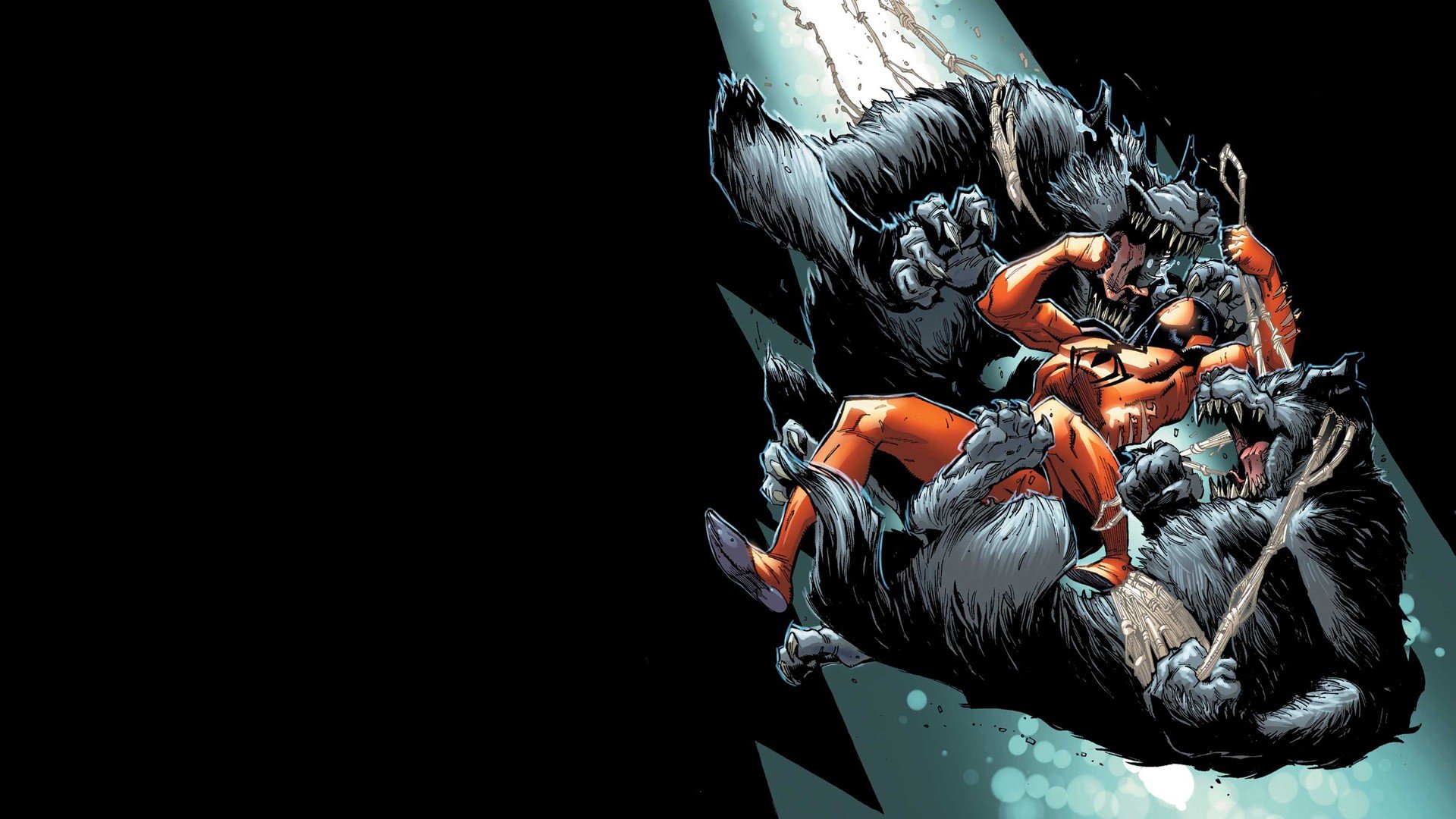 HD comic-style desktop wallpaper featuring Scarlet Spider battling multiple wolves against a dark background.