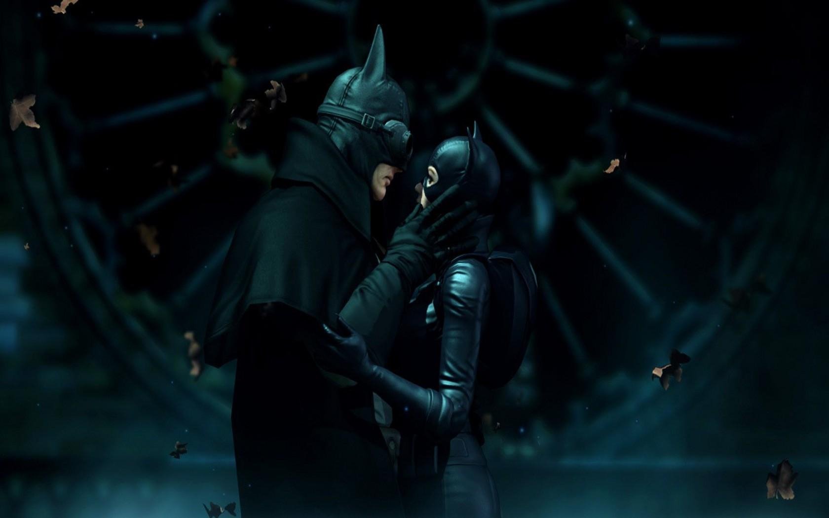 HD PC desktop wallpaper: Batman movie scene of Batman and Catwoman close together beneath a giant clock, bats swirling in a moody, rain-soaked Gotham night.
