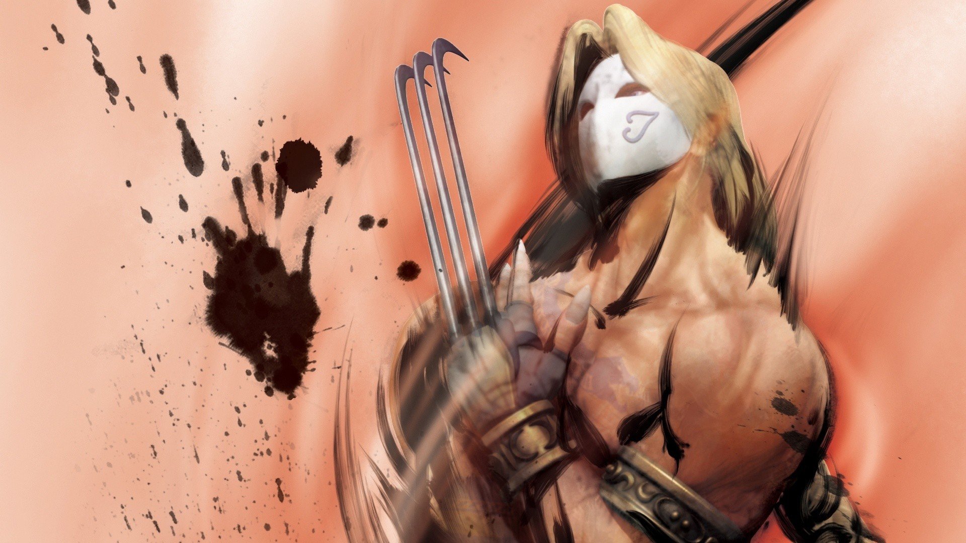 HD PC desktop wallpaper featuring a dynamic, stylized depiction of a Street Fighter character with claws and a mask, set against a splattered background.