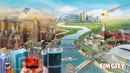 HD desktop wallpaper featuring a vibrant SimCity game illustration with futuristic and classic buildings, and the SimCity logo.
