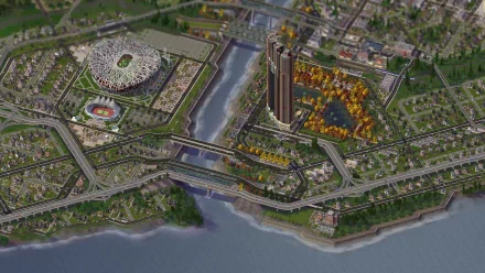 HD desktop wallpaper of SimCity 4 showcasing a vibrant virtual cityscape with industrial and residential areas by a river.