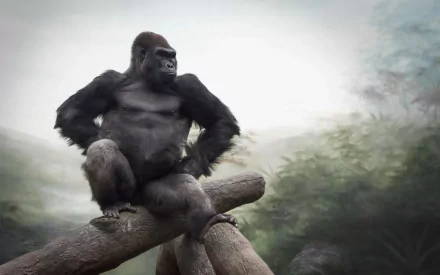 A majestic gorilla sits confidently on a log, surrounded by a serene, blurred landscape, capturing the essence of wildlife in this stunning HD desktop wallpaper.