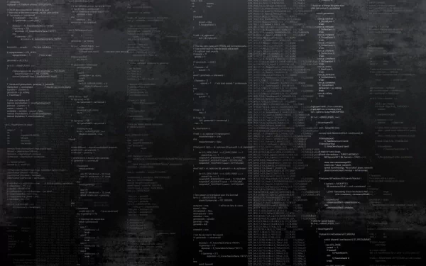A greyscale digital wallpaper featuring a complex pattern of binary code and programming text, creating a sleek and modern technological aesthetic for desktop backgrounds.
