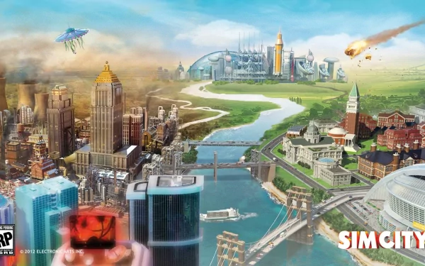 HD desktop wallpaper featuring a vibrant SimCity game illustration with futuristic and classic buildings, and the SimCity logo.