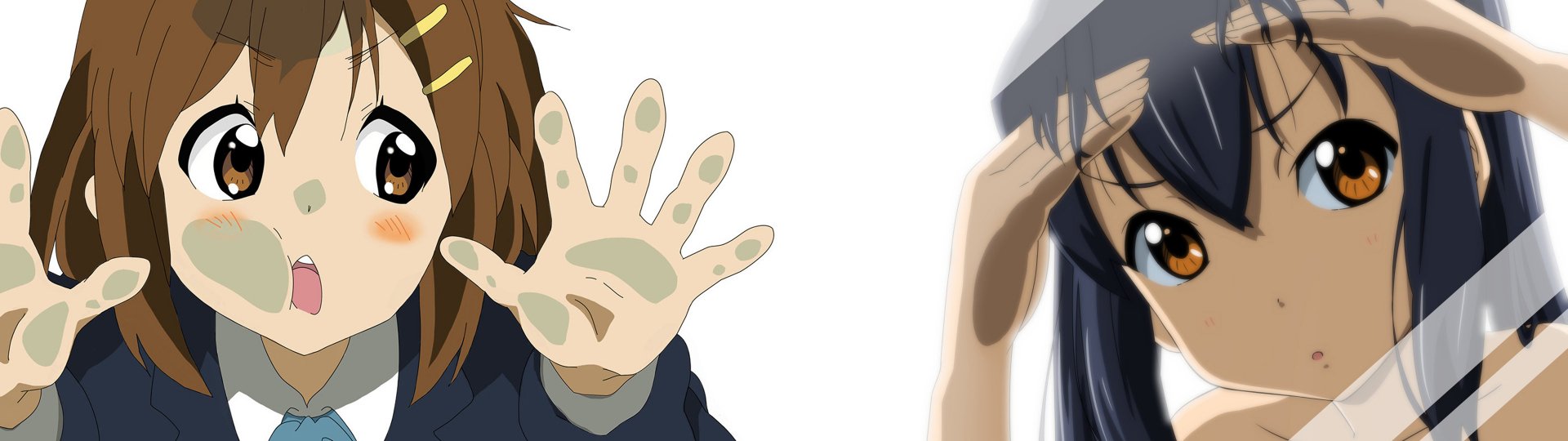 HD PC desktop wallpaper featuring characters from the anime K-ON!, with a close-up of a hand covered in dirt and another character adjusting their hair.