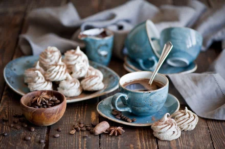 A cozy arrangement of a coffee cup, dessert meringues, and coffee beans on rustic wooden table. Captivating HD desktop wallpaper showcasing food and coffee delights.
