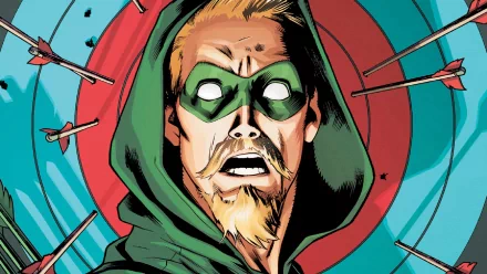 Comic Green Arrow HD PC desktop wallpaper/background: hooded, masked close-up with wide-eyed, shocked expression as arrows strike a bullseye target behind him.