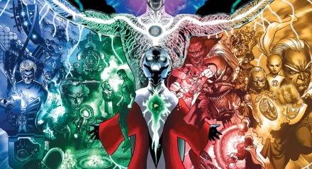 HD PC desktop wallpaper background: Comic Wrath of the First Lantern — a central white Lantern with outstretched arms, surrounded by Green Lanterns and Red Lanterns in a vivid, color-split tableau.