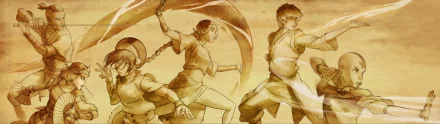 Anime HD PC desktop wallpaper of Avatar: The Last Airbender — Aang, Katara and Sokka striking dynamic bending poses in warm sepia tones.