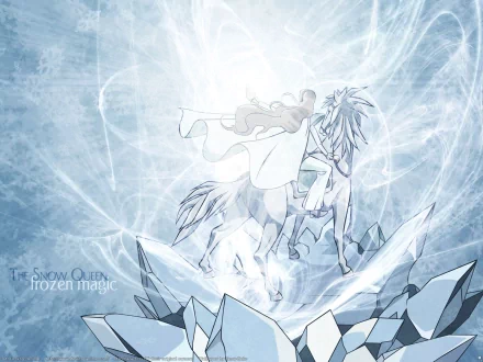 Anime artwork from The Snow Queen: pale queen on a crystalline steed amid swirling frost and light — HD PC desktop wallpaper/background.