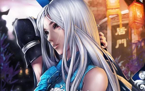 A striking fantasy-themed HD desktop wallpaper featuring a powerful woman warrior with long, flowing silver hair, set against a vibrant background filled with mystical elements.