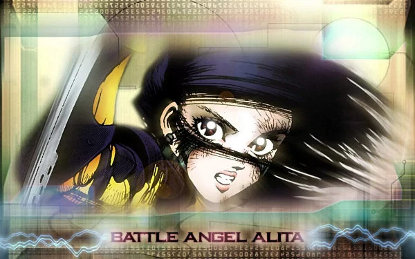 HD wallpaper featuring Alita from Alita: Battle Angel, showcasing her intense expression and dynamic pose, set against a vibrant, tech-inspired background.