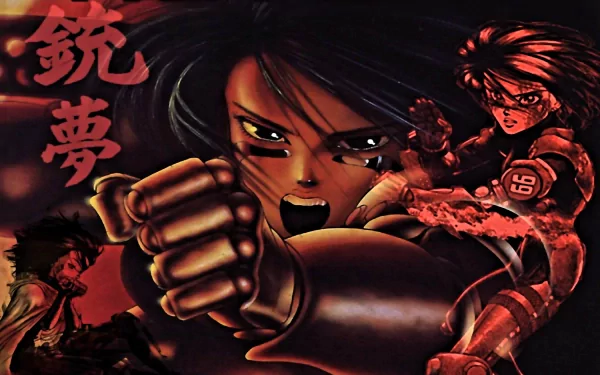 A dynamic HD desktop wallpaper featuring characters from Alita: Battle Angel, showcasing Alita in combat with intense colors and striking visuals.