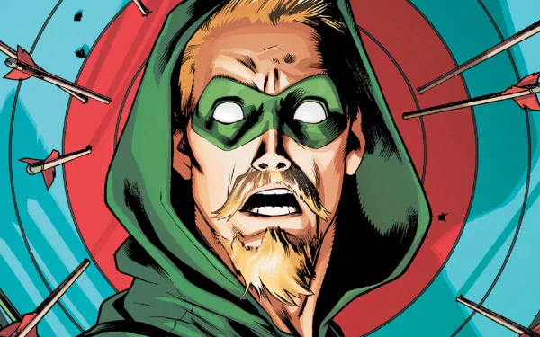 Comic Green Arrow HD PC desktop wallpaper/background: hooded, masked close-up with wide-eyed, shocked expression as arrows strike a bullseye target behind him.