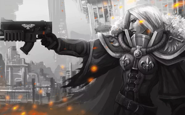 4K Ultra HD Warhammer 40k PC wallpaper featuring a fierce warrior in dark armor aiming a futuristic gun against a dystopian cityscape backdrop.