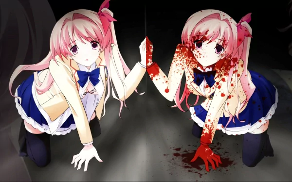 HD PC desktop wallpaper/background: Chaos;Head anime scene of twin pink‑haired schoolgirls kneeling at a mirror — one clean, the other's reflection blood‑splattered against a dark floor.