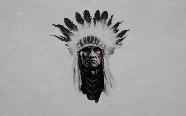 An artistic depiction of a Native American chief with a feather headdress, set against a neutral background. This HD desktop wallpaper exudes cultural heritage and artistry.