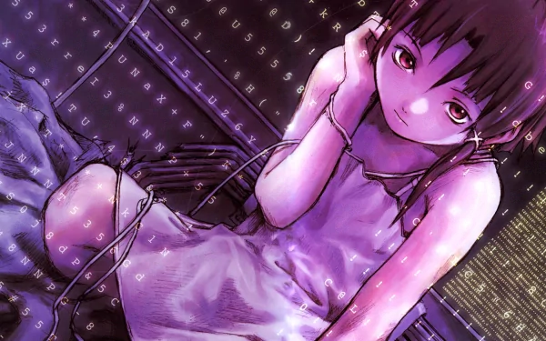 HD anime desktop wallpaper featuring Lain from Serial Experiments Lain, with digital code motifs blending into a dark, immersive background.