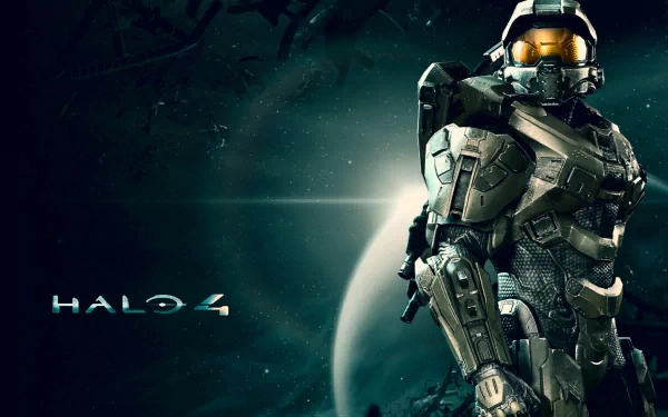 HD desktop wallpaper featuring a character from the video game Halo 4, with the game title on the left and a space background with a planet and stars.