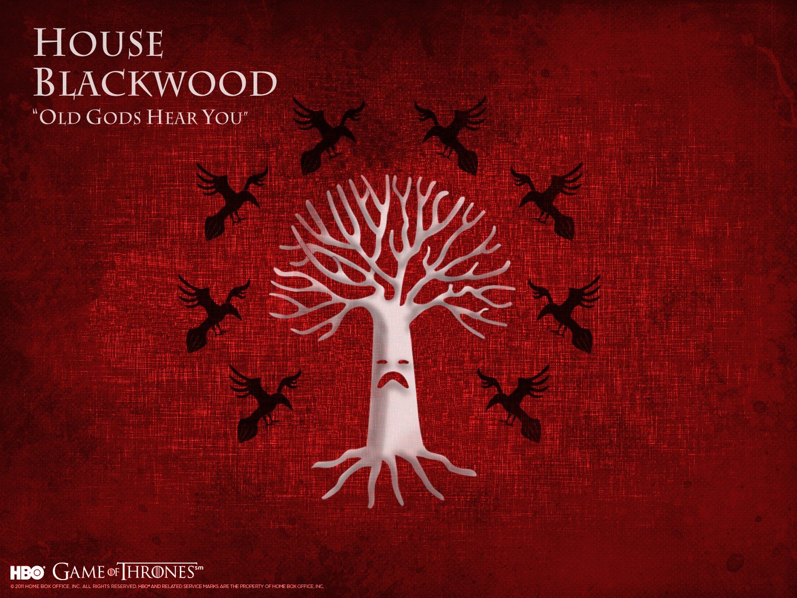 HD PC desktop wallpaper featuring House Blackwood sigil and motto from the TV show Game of Thrones on a textured red background.