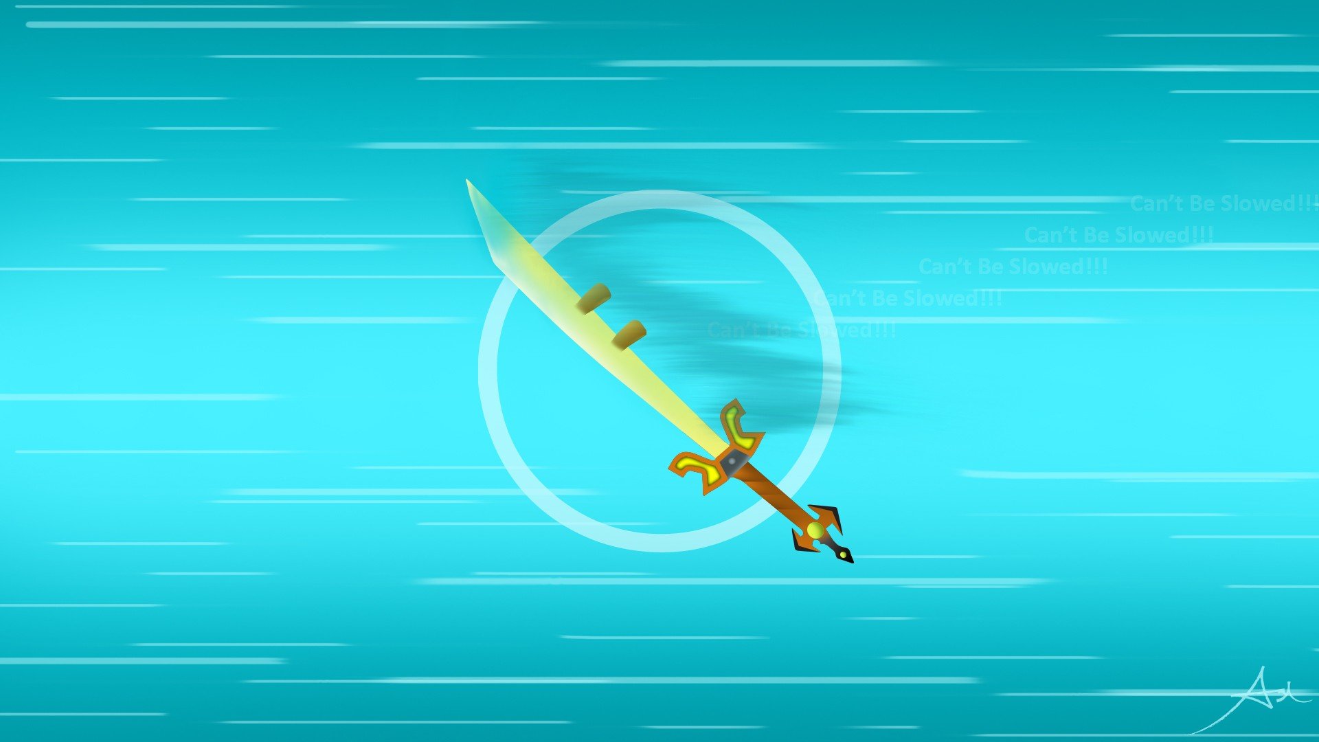 HD PC desktop wallpaper featuring Master Yi’s sword from the video game League of Legends with a dynamic blue background.