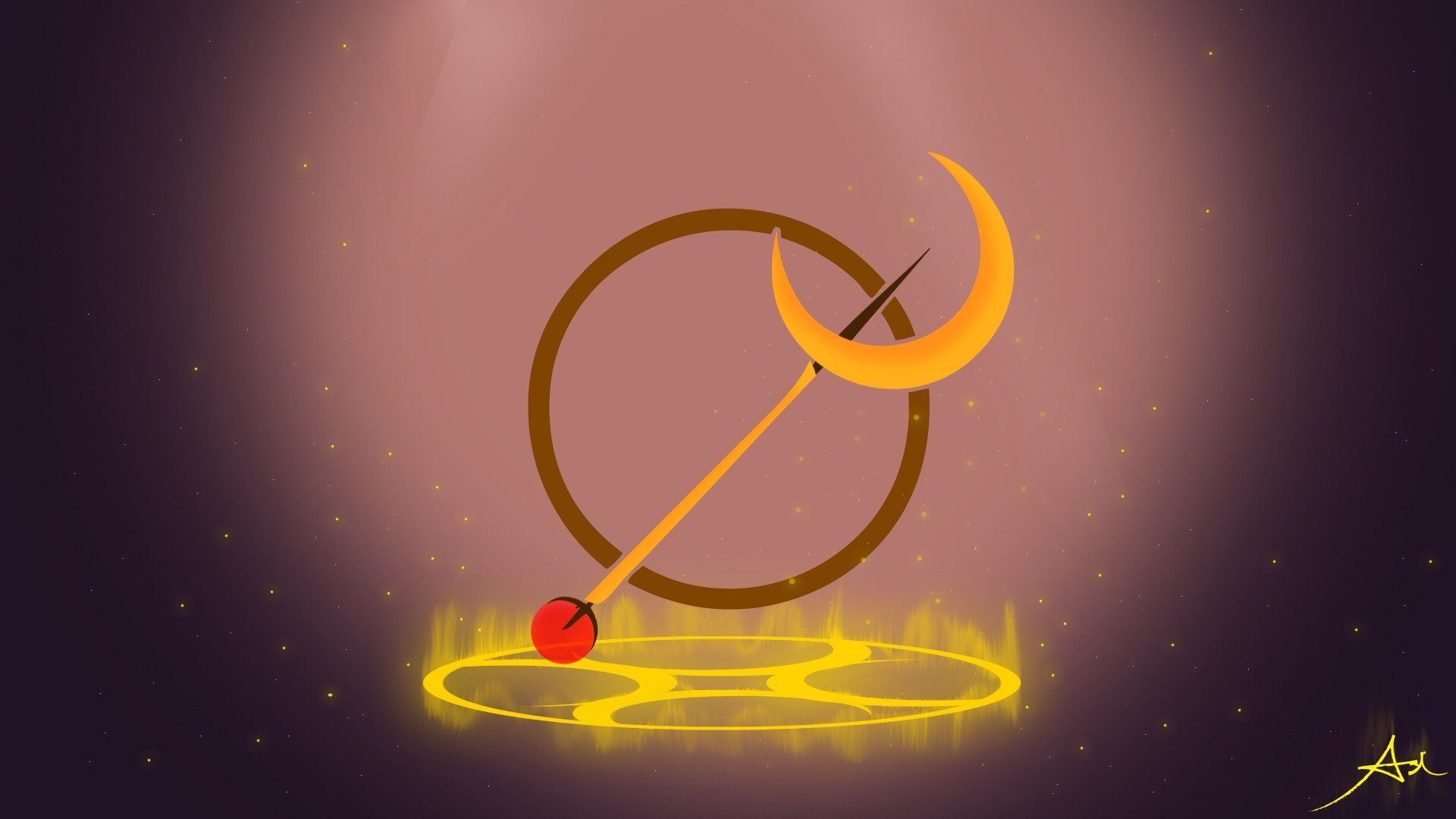 HD PC desktop wallpaper of Soraka from the video game League of Legends: a crescent-tipped staff with red gem suspended over a glowing yellow magic circle on a soft purple background.