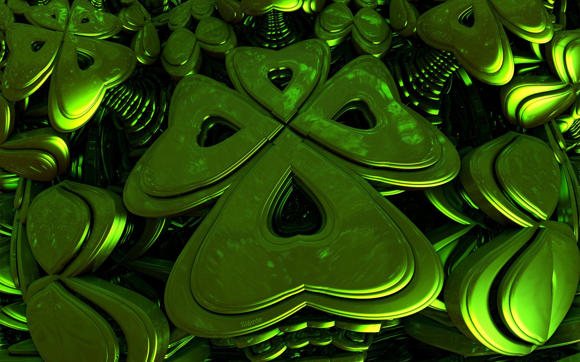 Artistic 3D rendering of layered, reflective green shapes resembling stylized clovers, designed as a high-definition PC desktop wallpaper and background.
