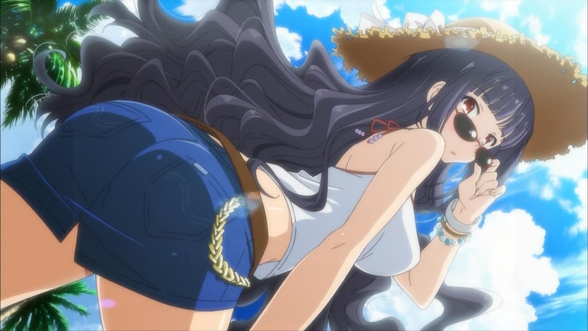 HD anime desktop wallpaper from Papa no Iukoto o Kikinasai! — long black-haired girl in sunglasses, white tank top and denim shorts posing against a bright, sunny blue-sky background.