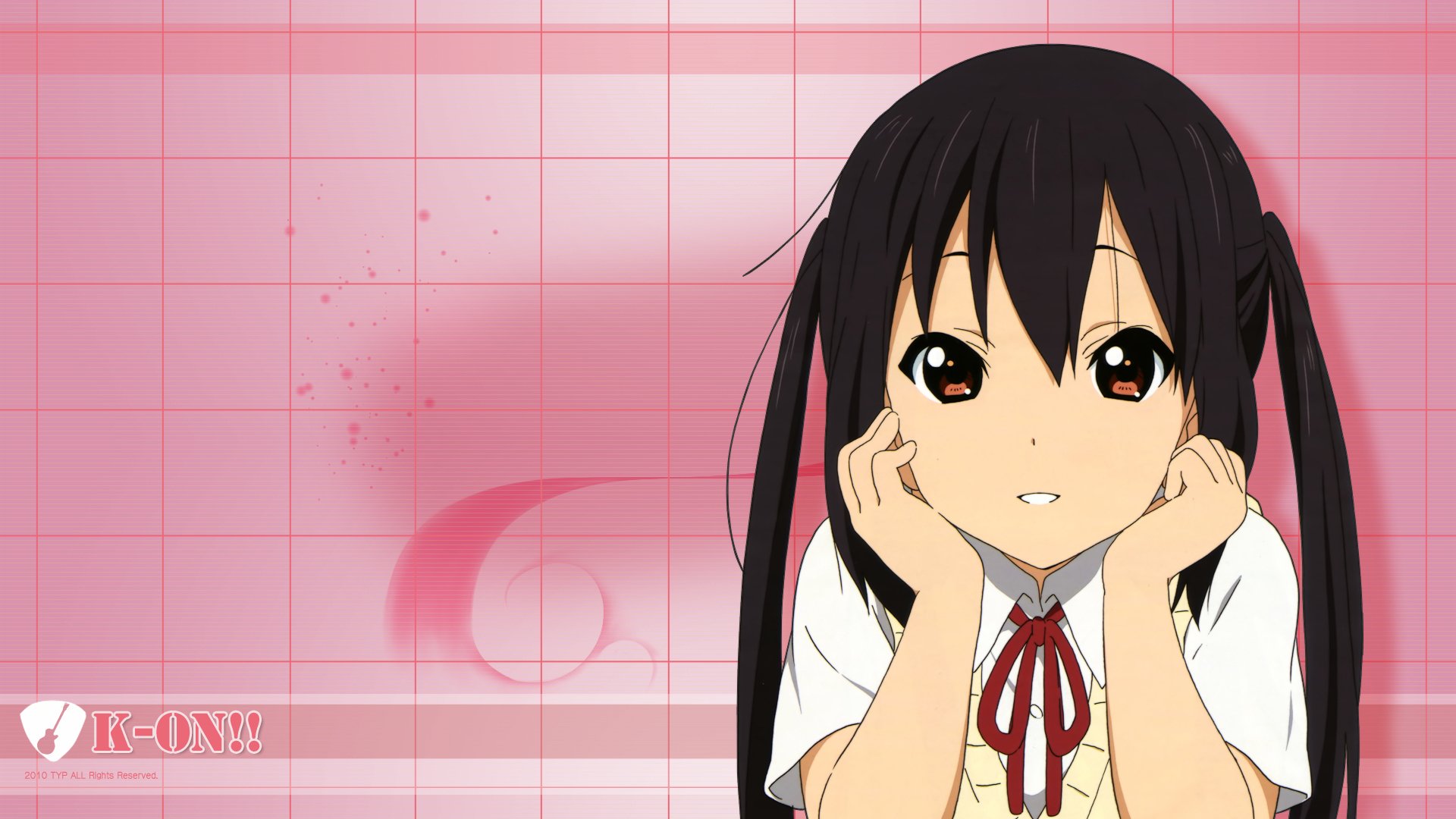 HD PC desktop wallpaper of Azusa Nakano (K-ON!) — anime girl with black twin-tails in a school uniform, resting her chin on her hands against a pink grid background.